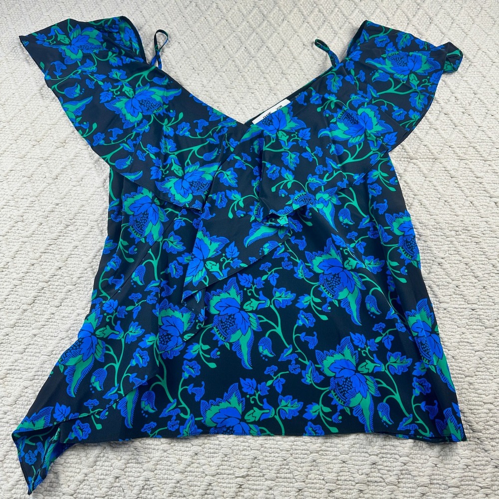 Diane von Furstenberg Silk Floral Ruffle V-Neck Top Shirt Women's Size L